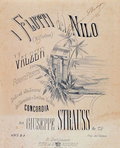 Frontispiece of musical scores of Nile Waters Waltzes for Piano by Josef Strauss, 1870