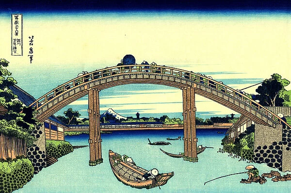 Fuji seen through the Mannen bridge at Fukagawa, Edo, c. 1830 (woodblock print)