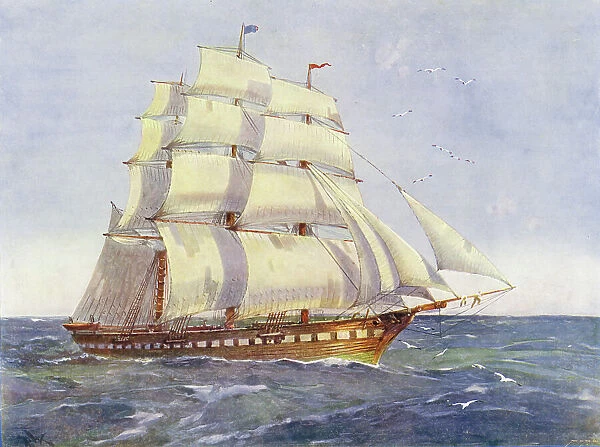 A full-rigged sailing ship (colour litho)