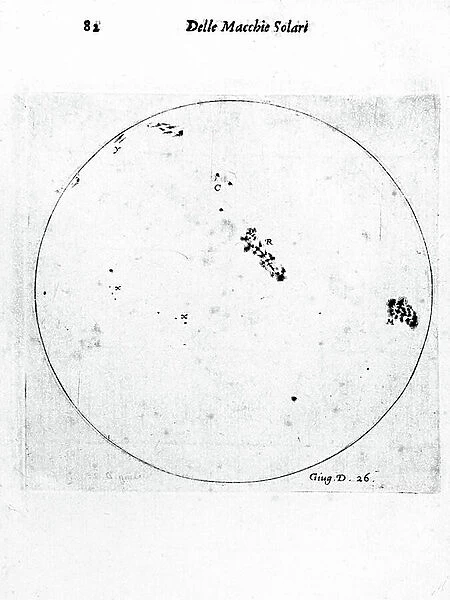 Galileo's observation of sunspots. From Galileo Galilei Istoria, Rome 1613. Engraving