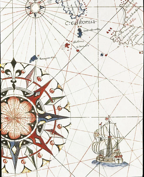 A galleon sailing off the coast of California (Detail of the portulan of Castellini