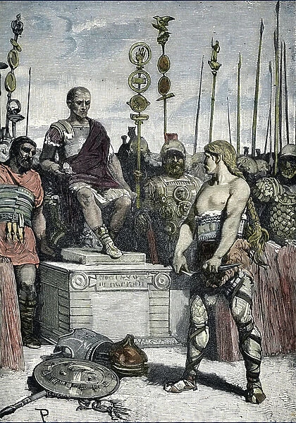 The Gallic chef Vercingetorix (80-46 BC) going to Jules Cesar (100-44 BC) in Alesia, 52 BC. 19th century (engraving from 'Les grandes infortunes' by Changer et Spont)