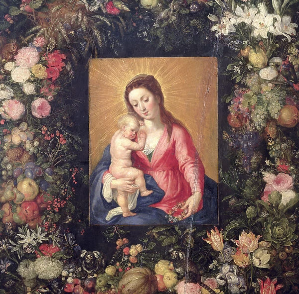 Garland of Fruit and Flowers with Virgin and Child (oil on canvas) (detail of 36909)