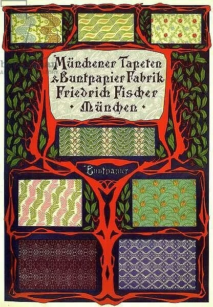 Geman advert for Friedrich Fischer, a Munich manufacturer of coloured endpapers, 1902 (print)