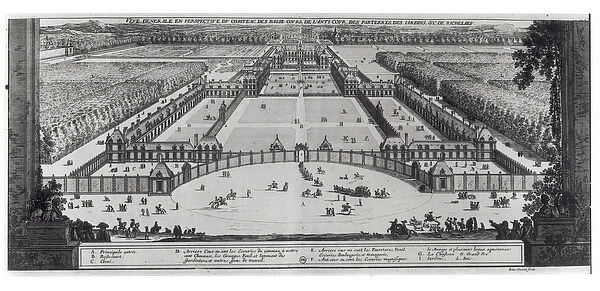 General Perspective View of the Chateau and Gardens of Richelieu (engraving) (b  /  w photo)