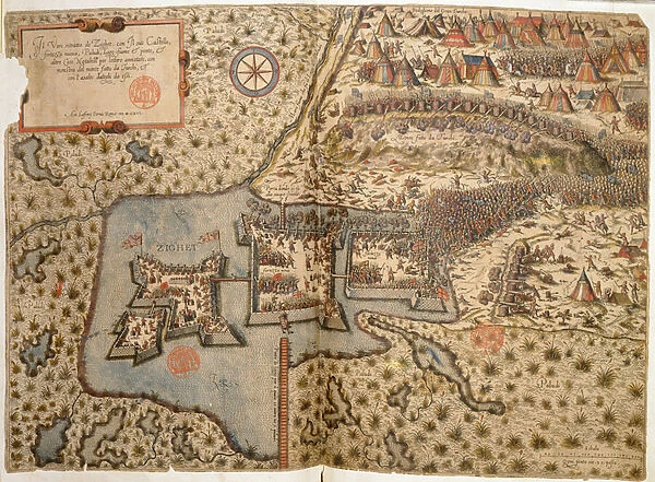 General view of the Battle of Szigetvar, 1566 (coloured engraving)