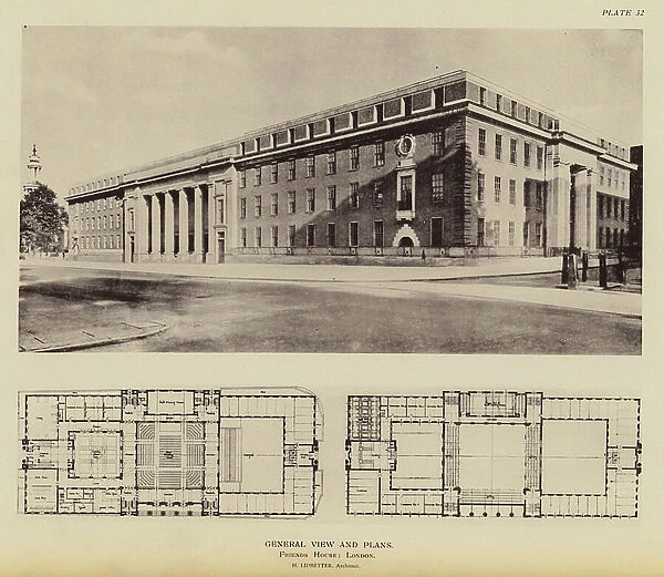 General View and Plans, Friends House, London (b / w photo)