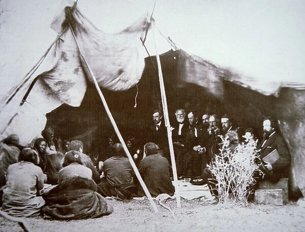 General William T. Sherman (1820-91) presides at the Treaty of Fort Laramie with Chief