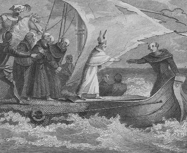Genseric, King of the Vandals, sending the Bishop of Carthage and other members of the clergy into exile in a leaky boat, 439. (engraving)