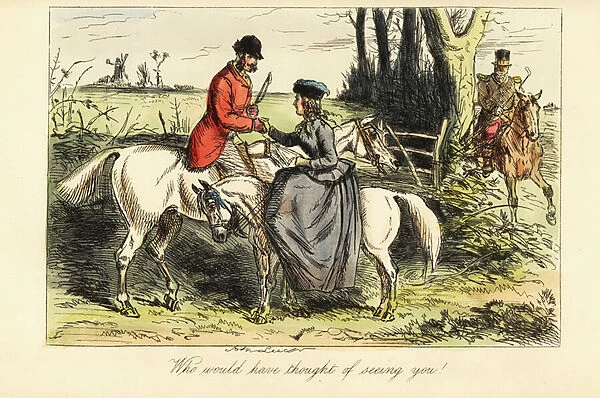 Gentleman on an old nag and lady on a pony meet up during a fox hunt, 19th century