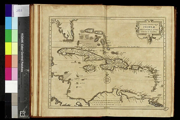 Geography map: representation of the islands of the Greater Antilles (Cuba, Hispaniola, Jamaica and Puerto Rico) and the Lesser Antilles in the Caribbean Sea. Engraved board from an Atlas of the 18th century. Biblioteca Angelica, Rome