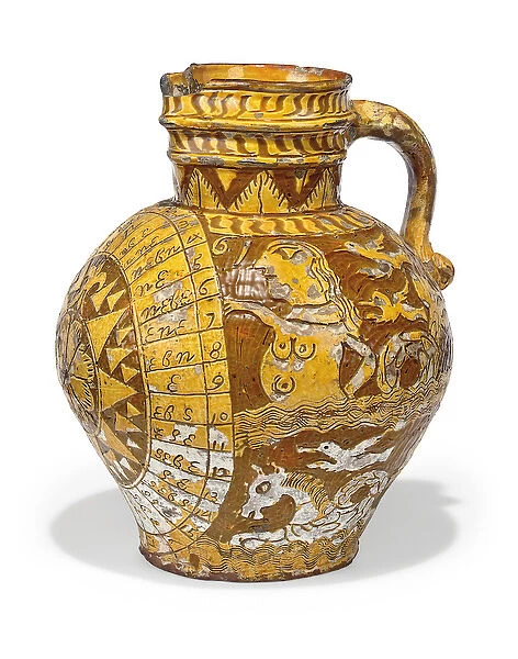George III North Devon jug, 1761 (brown slip decorated earthenware)