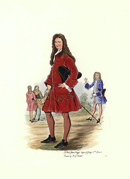 George I's reign man's costume (1660-1727), portrait of the very honourable James Craggs the young (1686-1721), with a scarlet jacket, puffy cuffs, he wears a tricorn and buckle shoes