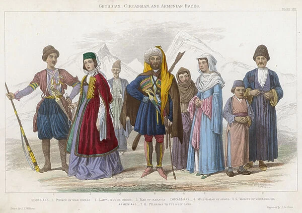 Georgian, Circassian and Armenian Races (coloured engraving)
