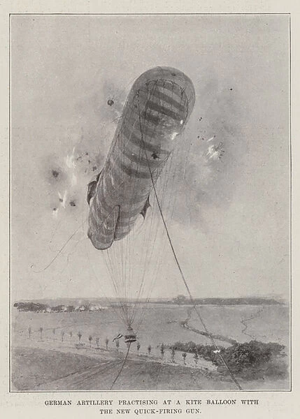 German Artillery practising at a Kite Balloon with the New Quick-Firing Gun (litho)