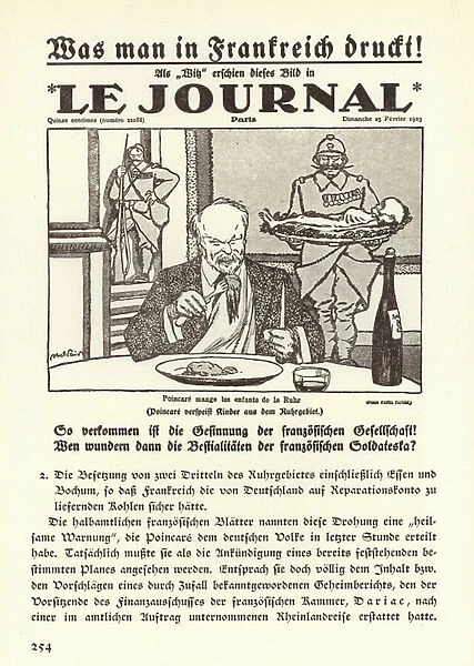 German propaganda depicting the front page of a French newspaper featuring a cartoon showing Prime Minister Raymond Poincare eating the children of the Ruhr during the French occupation of the region, 1923 (litho)