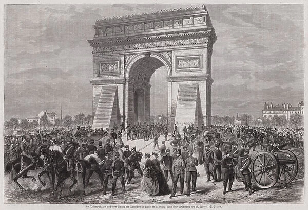 German soldiers at the Arc de Triomphe, Paris, after securing victory in the Franco-Prussian War, 2 March 1871 (engraving)