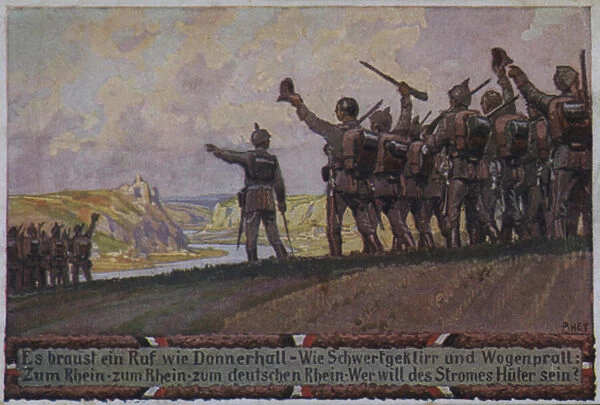 German soldiers marching to the banks of the River Rhine, military propaganda postcard (colour litho)