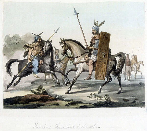 German warriors on horseback - in 'The old and modern costume'by Jules Ferrario, ed. Milan, 1819-20