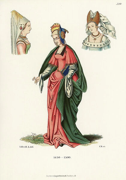 German women's costumes of the late 15th century, 1889 (chromolithograph)
