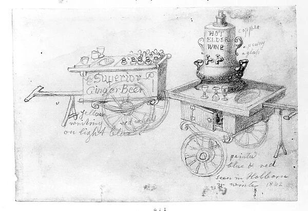 Gingerbeer and Hot Elder Wine stalls in Holborn, 1842 (pencil on paper)