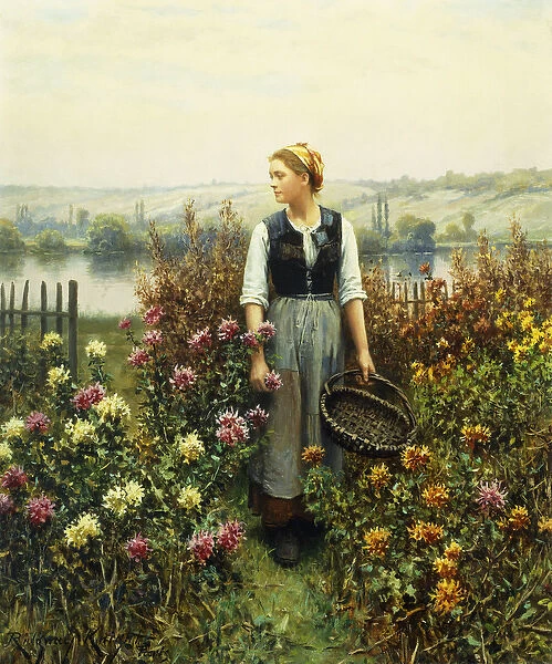 Girl with a Basket in a Garden, (oil on canvas)