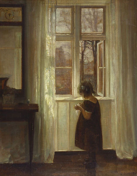 A Girl Standing at a Window (oil on canvas)