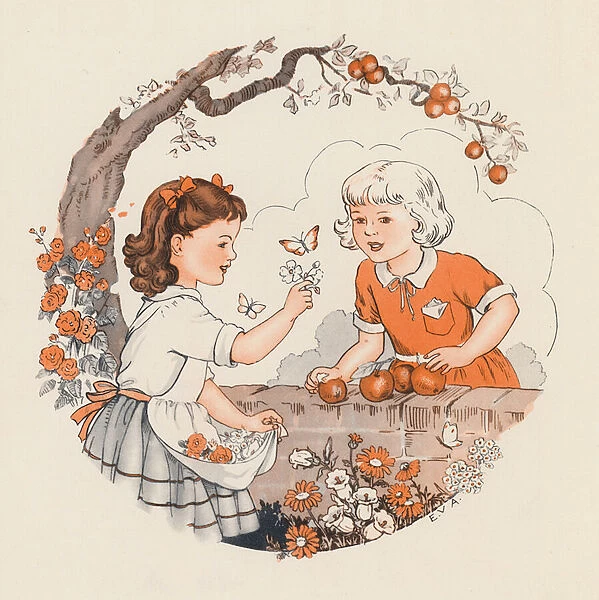 Girls picking flowers and apples (colour litho)