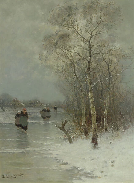 Girls Walking on a Frozen River (oil on canvas)