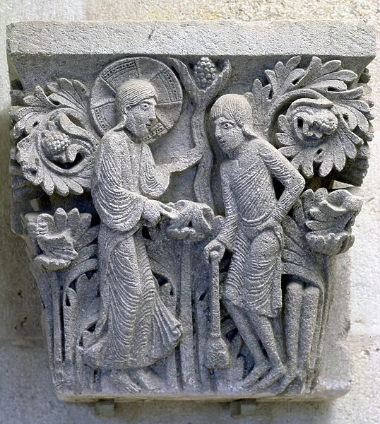God telling Adam to work the land, original capital from the cathedral nave (stone)