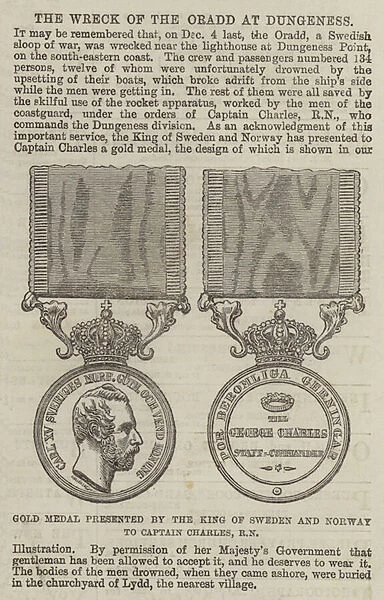 Gold Medal presented by the King of Sweden and Norway to Captain Charles, RN (engraving)