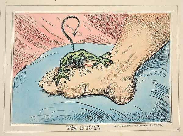 The Gout, pub. 1835 (hand coloured engraving)