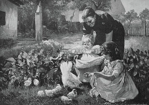 Grandmother showing the baby the freshly hatched chicks, chickens, in the garden, 1880, Germany