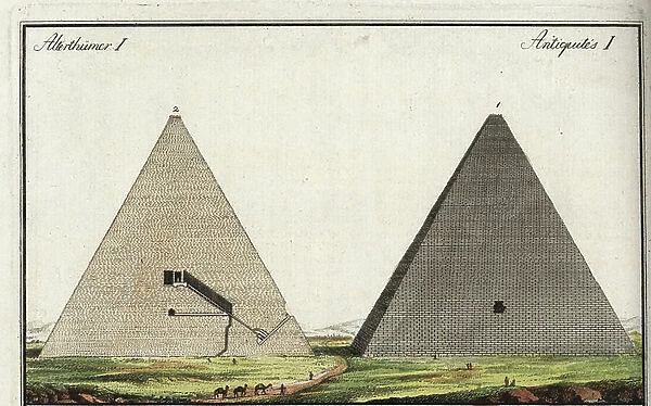 The great pyramid of Giza 1, interior chambers 2. Handcoloured copperplate engraving from Friedrich Johann Bertuch's Bilderbuch fur Kinder (Picture Book for Children), Weimar, 1792