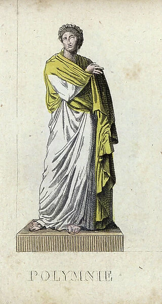 Greek mythology: Polymnie (Polhymnie), muse of singing, with a crown of flowers - Eau forte by Jacques Louis Constant Lacerf, from an illustration by Leonard Defrance (1735-1805), extracted from mythology in fabulous prints or divine figures