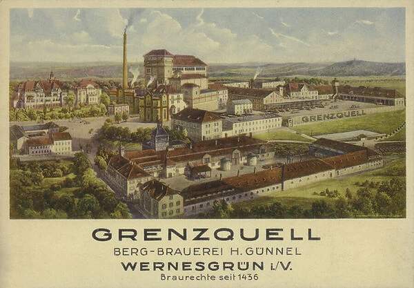 Grenzquell Brewery, Wernesgrun, Saxony, Germany (colour litho)