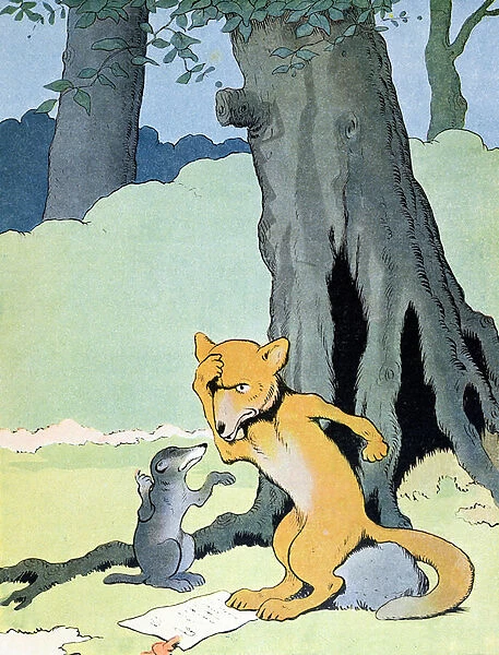 Grimbeau the Badger and Renard the Fox, illustration from Le Roman de Renard, c. 1900 (colour litho)