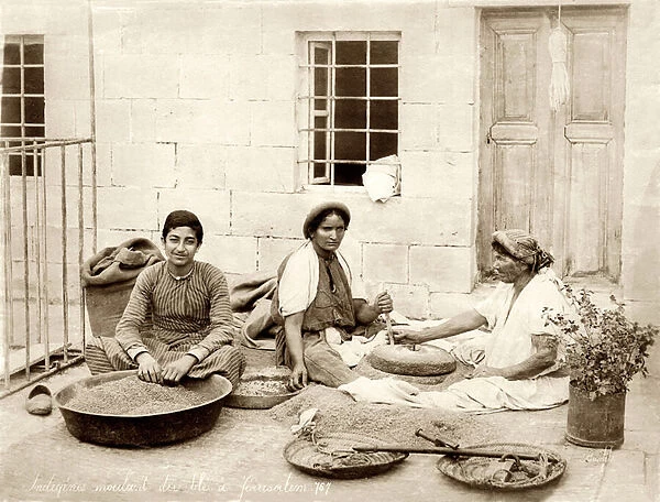 Grinding wheat in Jerusalem, c. 1867-98 (b  /  w photo)