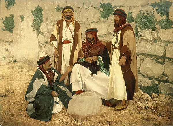 Group of peasants in discussion at Siloam, Jerusalem, c. 1880-1900 (photochrom)