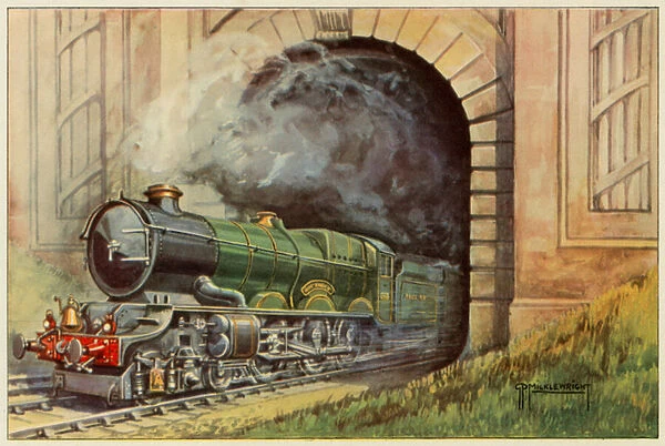 GWR, Express Passenger Locomotive 'King George V'leaving Middle Hill Tunnel Box (colour litho)