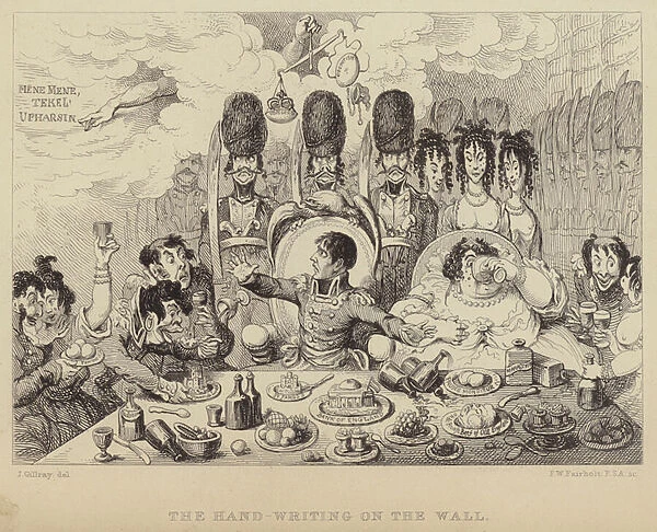 The Hand-writing on the Wall: parody on Belshazzars feast depicting Napoleon and his wife Josephine, 1803 (engraving)
