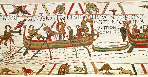 Harold crosses the Channel to the territory of Count Guy of Ponthieu, Bayeux Tapestry (wool embroidery on linen)