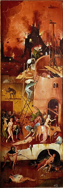 The hay tryptic: infernal constructions. Right interior panel. Painting on wood by Hieronymus Van Aeken (Aken) dit Jerome Bosch (1450-1516) 1500-1502 Dim. 140x232 cm Real Monasterio de El Escorial, El Escorial, Spain