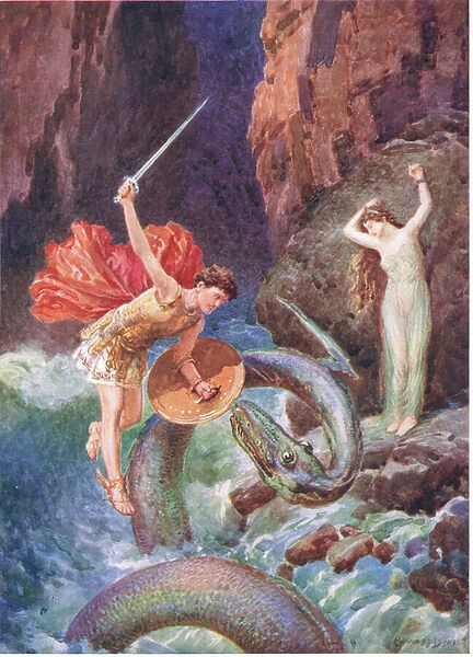 Down from the heights of the air fell Perseus, illustration for How Perseus came to Ethiopia, from The Heroes of Greek Fairy Tales, by Charles Kingsley (1819-75) (colour litho)