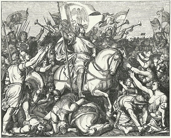 Henry the Fowler, King of East Francia, after his victory over the Magyars at the Battle of Riade, 933 (engraving)