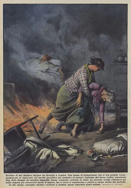 Heroism of two Italians during a fire in London (colour litho)