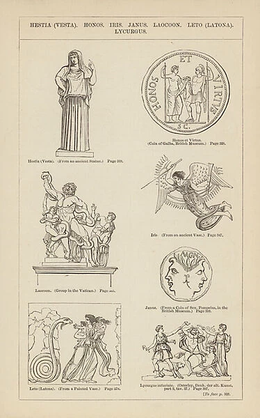 Hestia (Vesta), Honos, Iris, Janus, Laocoon, Leto (Latona), Lycurgus (engraving)