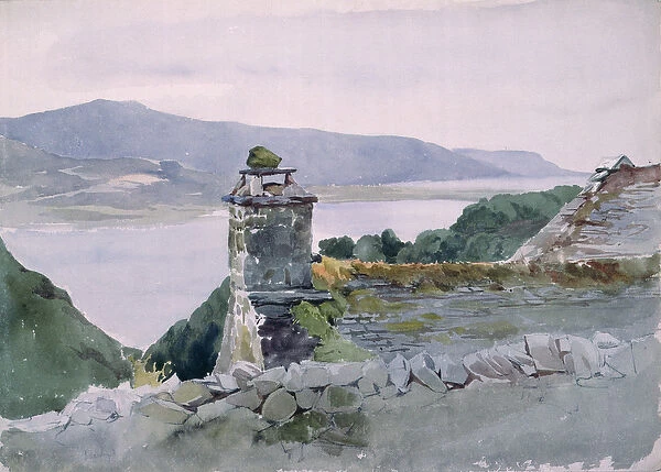 A hilly bay, seen from a wall over a roof, 19th century (watercolour)