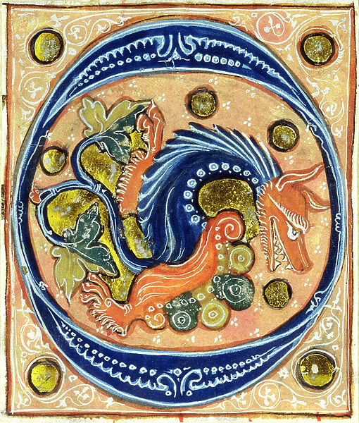 Historiated initial O depicting a griffin (vellum)