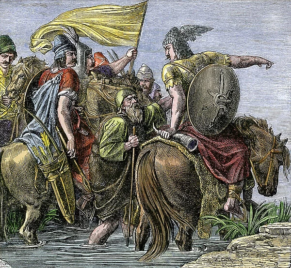 History of Attila: Arrival of the Huns in Europe, migrant from Asia, 5th century. Lithograph of the 19th century